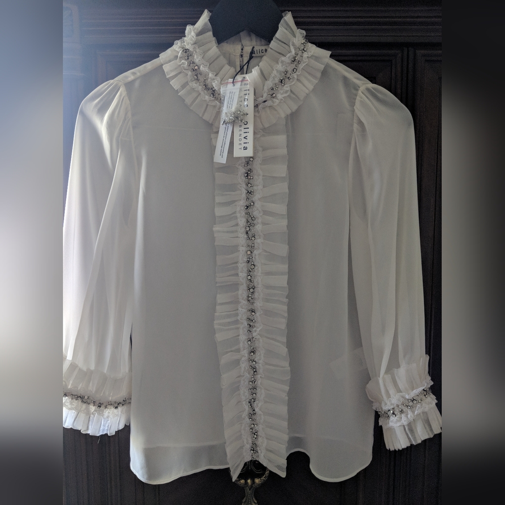 NWT Alice + Olivia Mira Crystal Embellished Blouse (S)